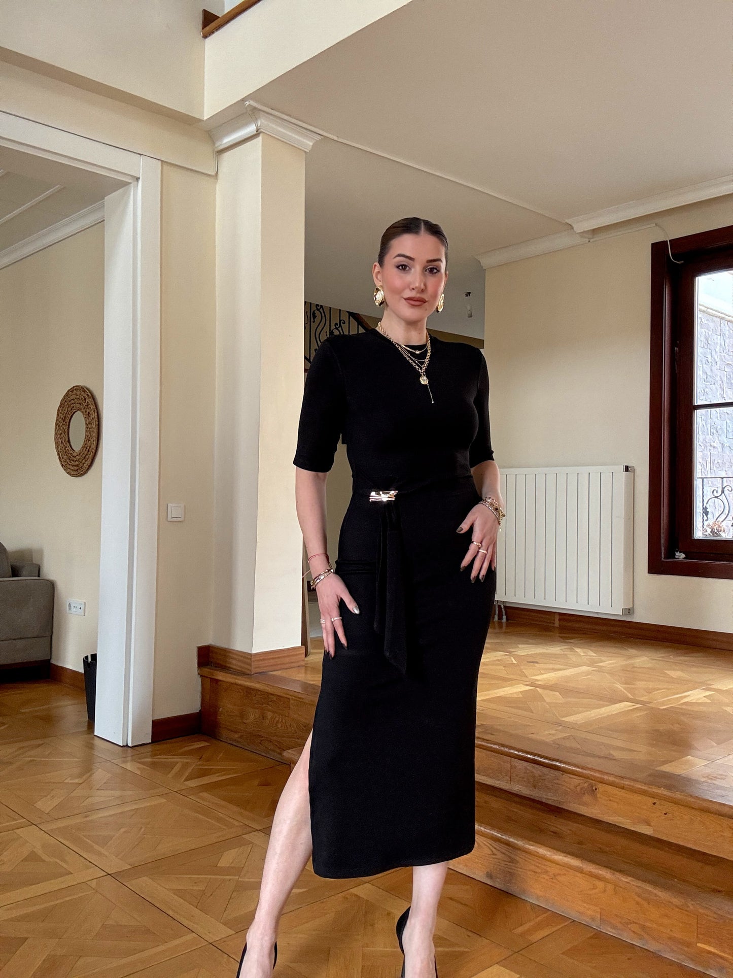 Önü toka detaylı modal elbise SİYAH