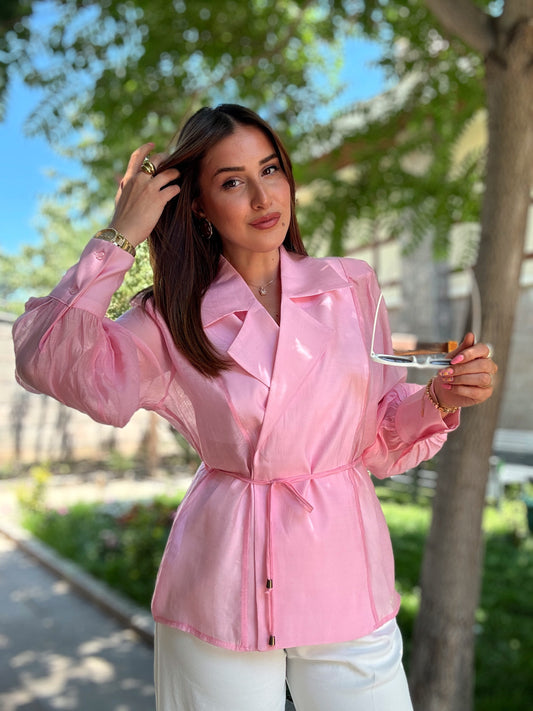 Kruvaze yaka aerobin gömlek ceket pembe