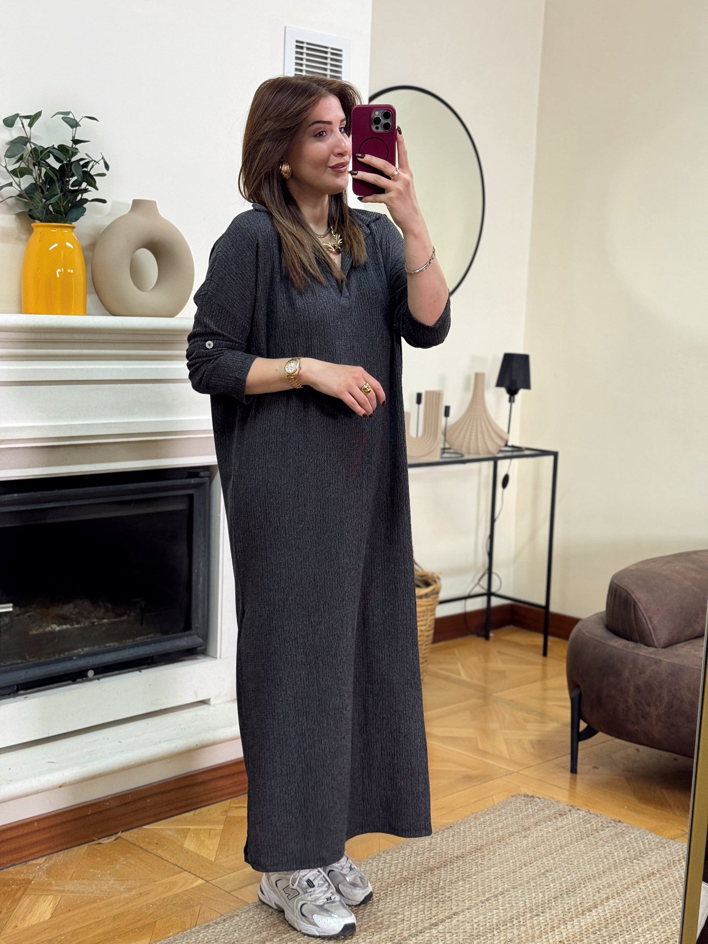 Polo yaka çift yıtmaç elbise-ANTRASİT