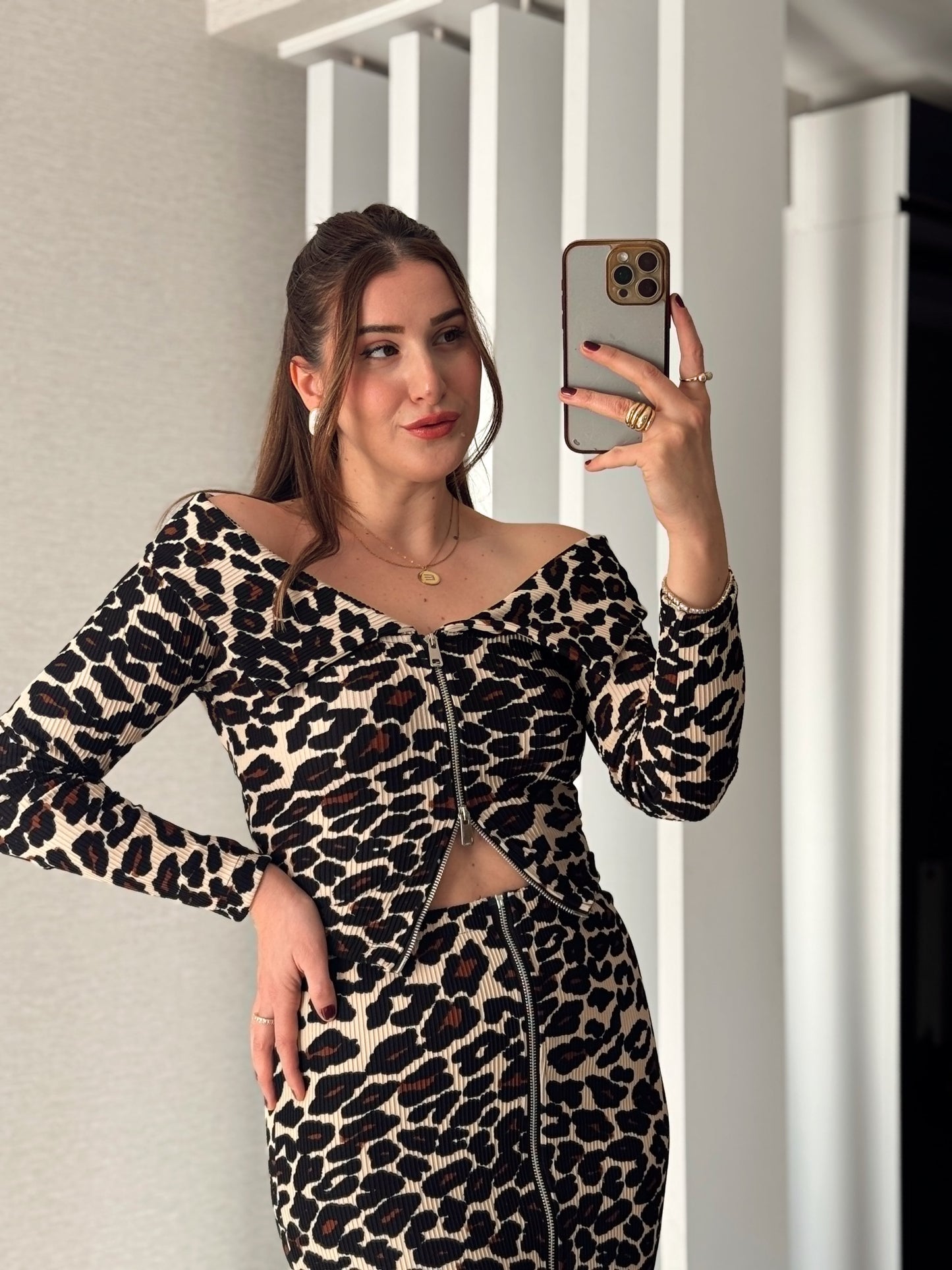 Leopar Desenli Fermuarlı Bluz KAHVE