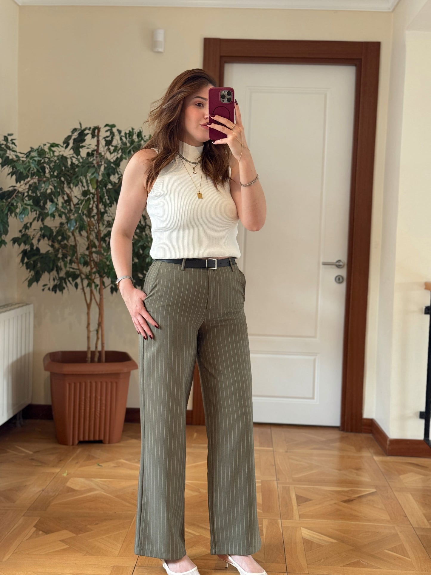 Çizgili kemerli pantolon-HAKİ