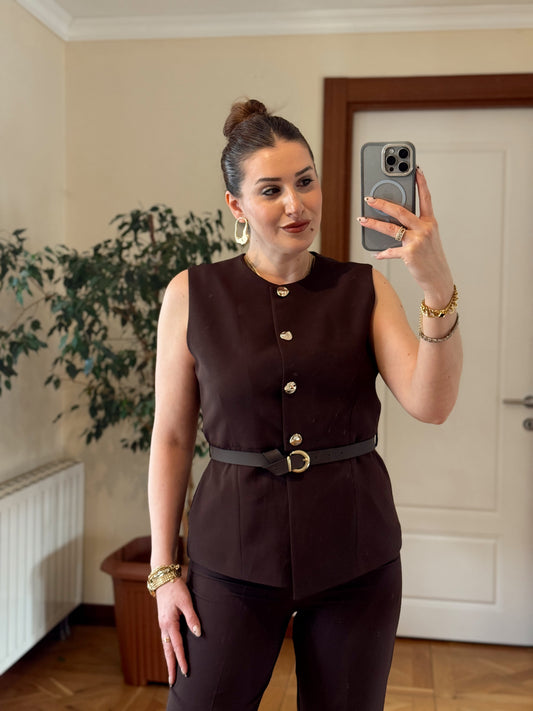 STELLA Kemerli Yelek-KAHVERENGİ