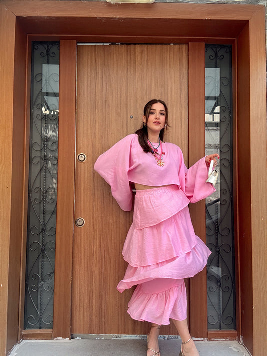 Fırfırlı beli lastikli viskon etek PEMBE