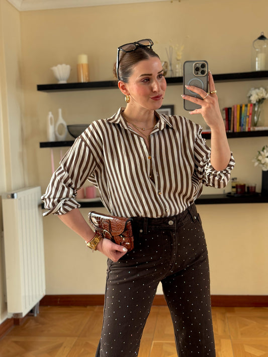 Çizgili klasik gömlek  Kahve