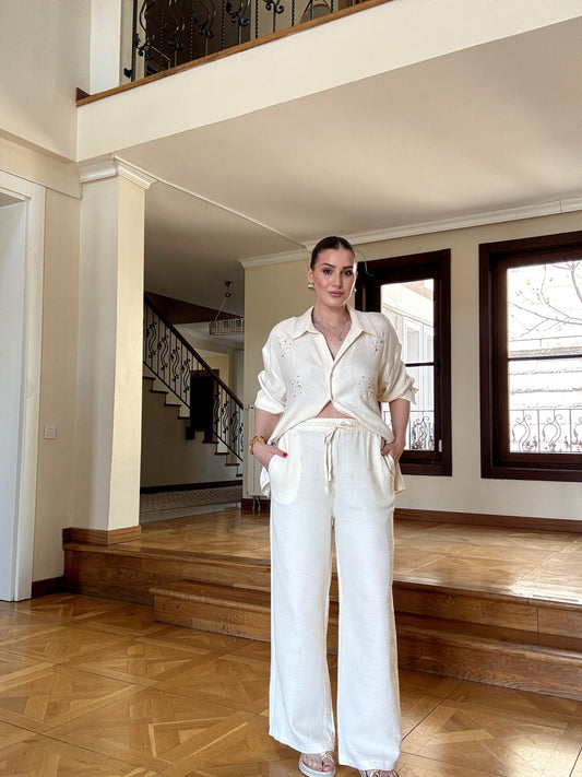 Yumuşak keten beli lastikli pantolon EKRU