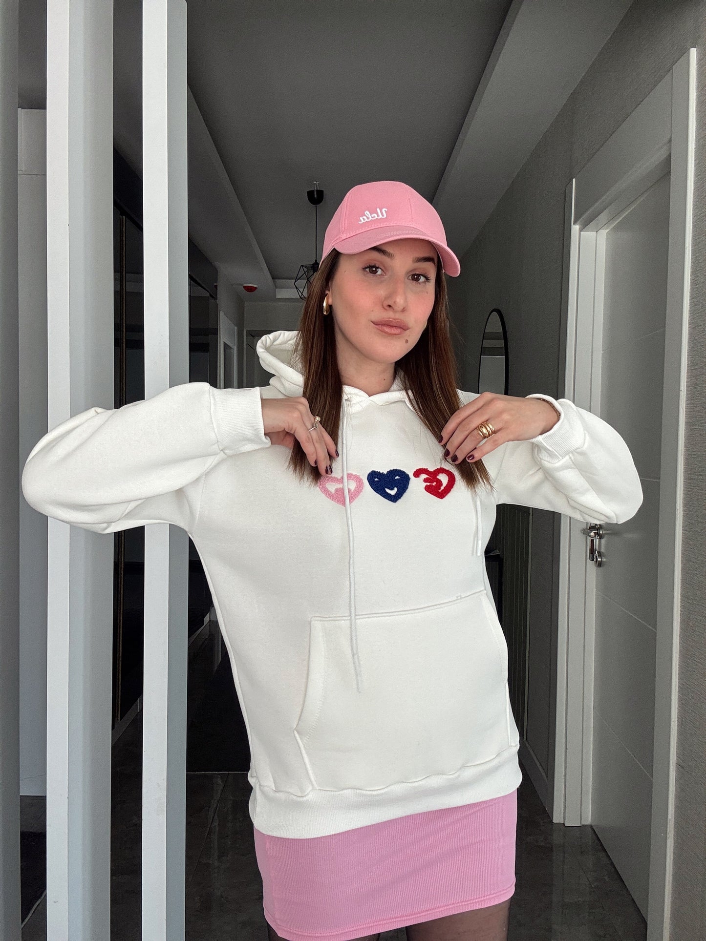 Kalp İşleme Kapüşonlu 3 İplik Sweatshirt - EKRU