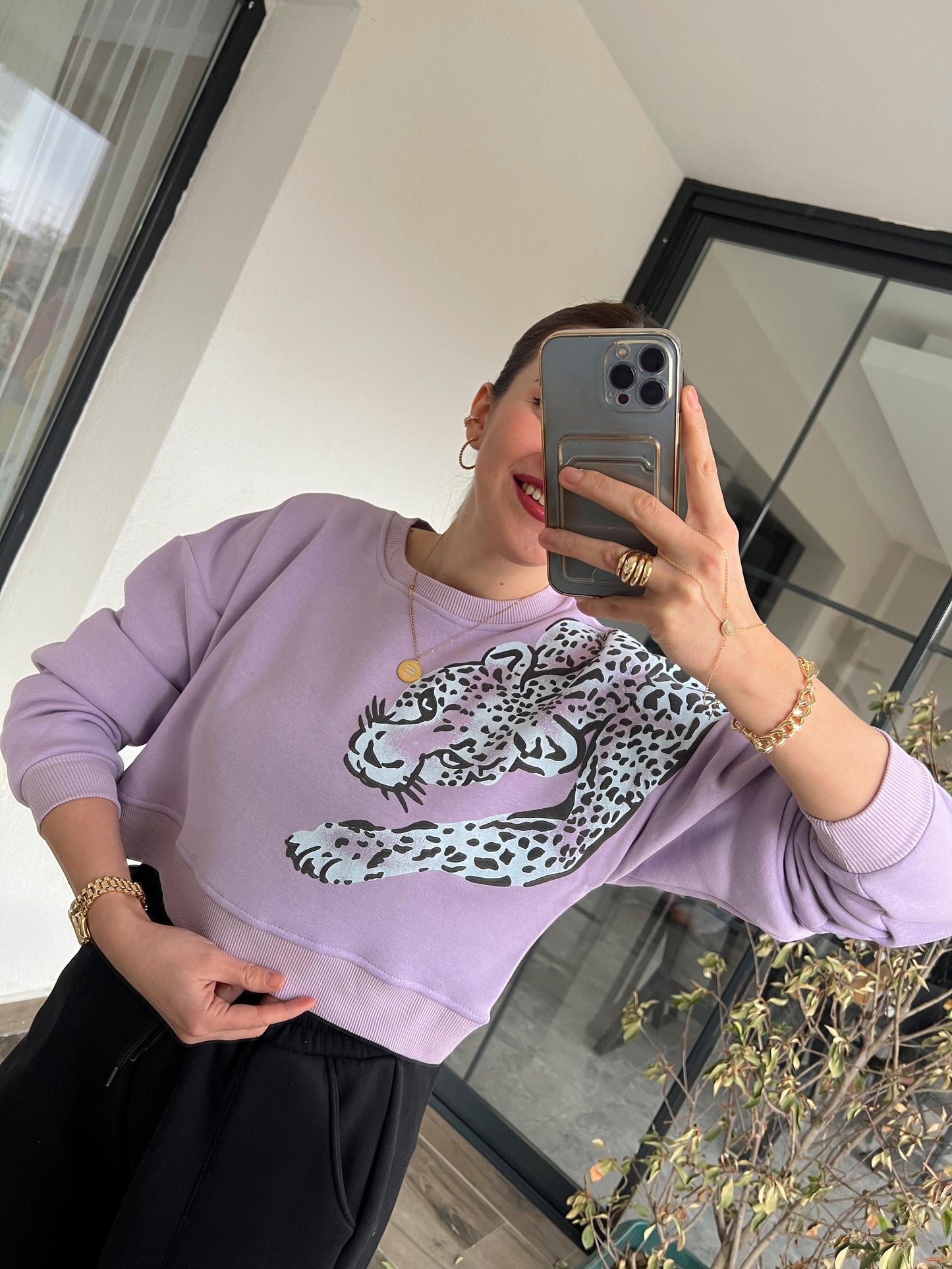 Leopar Baskı Crop Sweat KLS344 LİLA