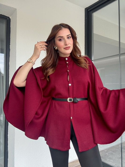 Kemerli düğmeli panço-BORDO