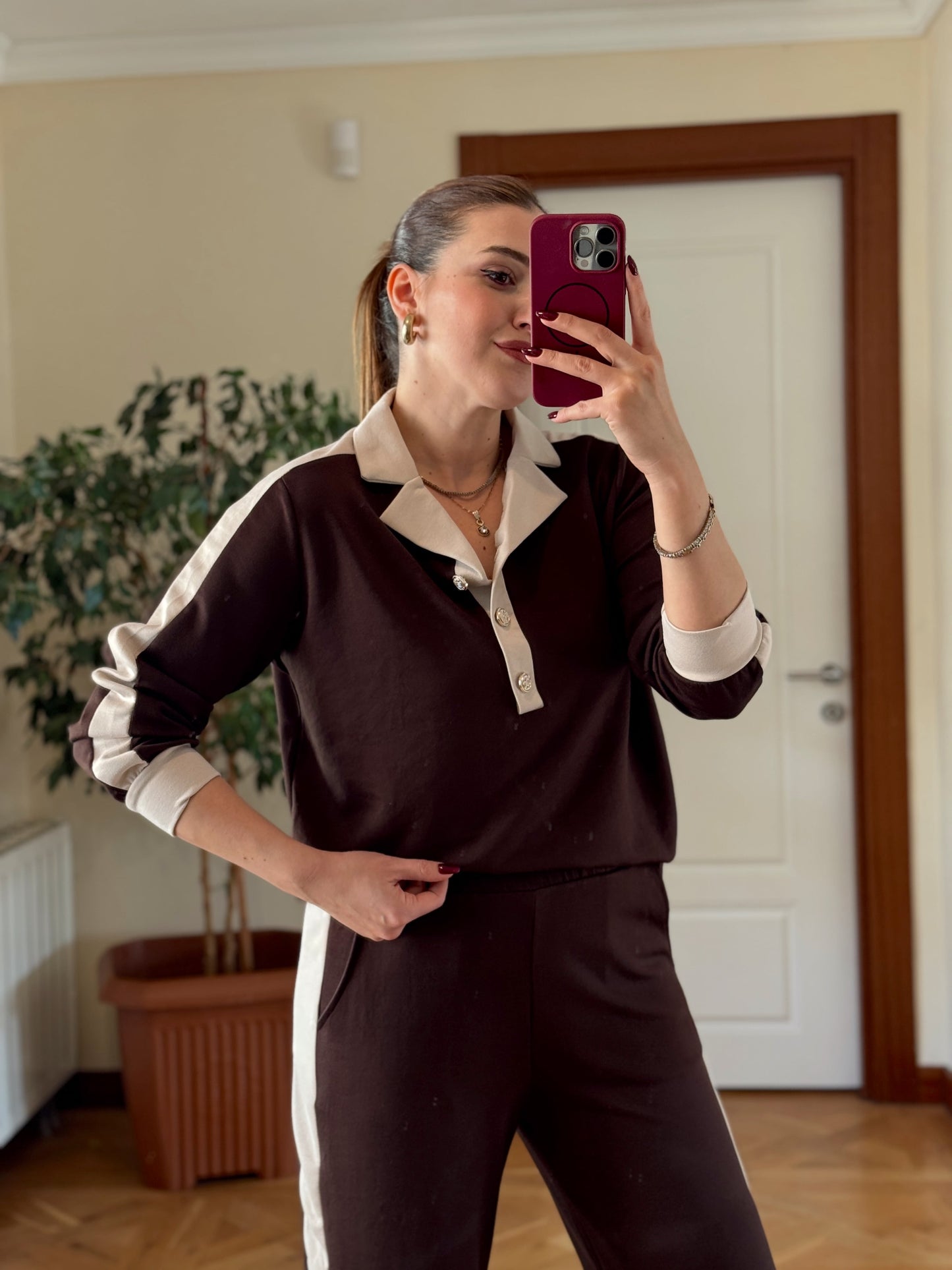 Denizci yaka modal takım KAHVERENGİ