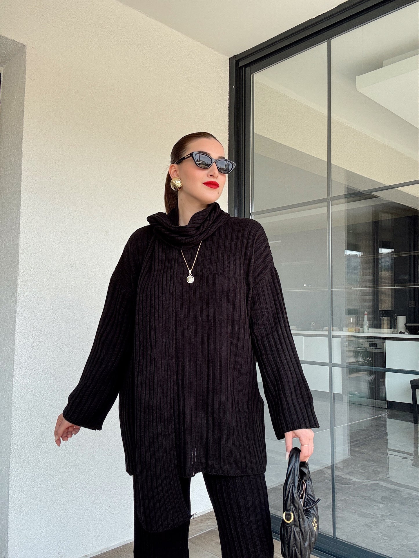 Şallı triko takım-SİYAH