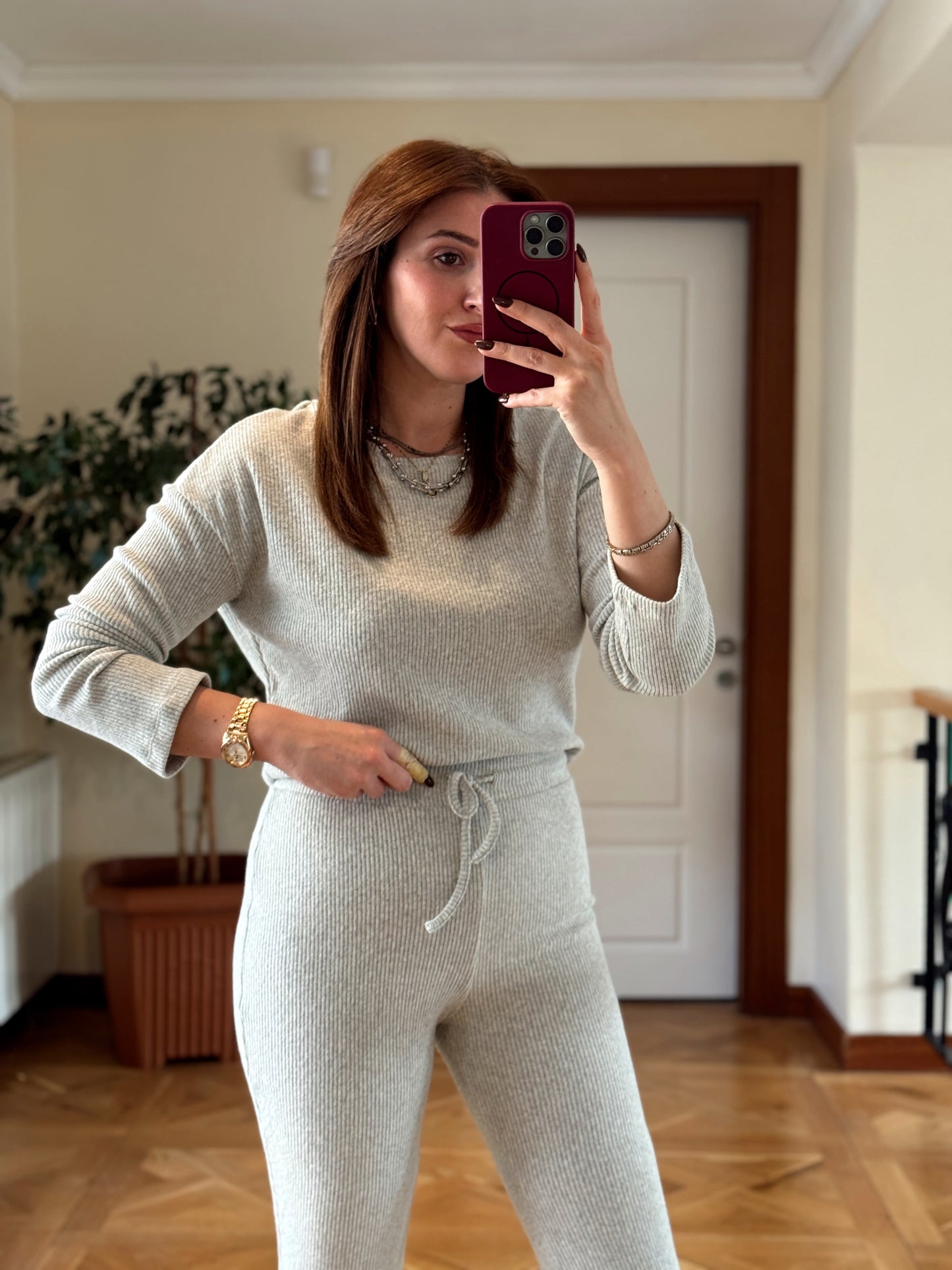 Fitilli bisiklet yaka crop bol paça pantolon takım-GRİ