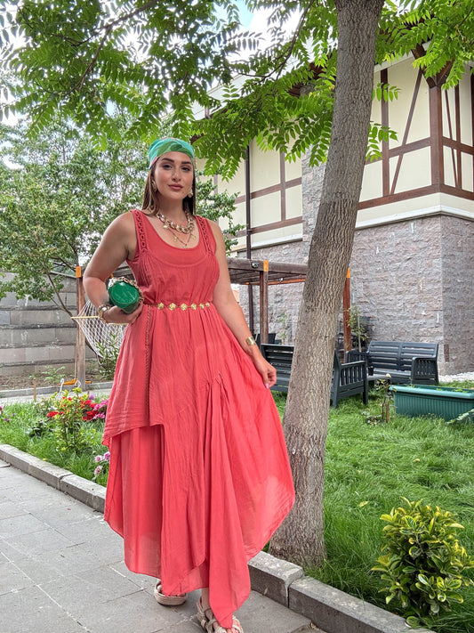 Askı Halka işlemeli Uzun Elbise nar çiçeği