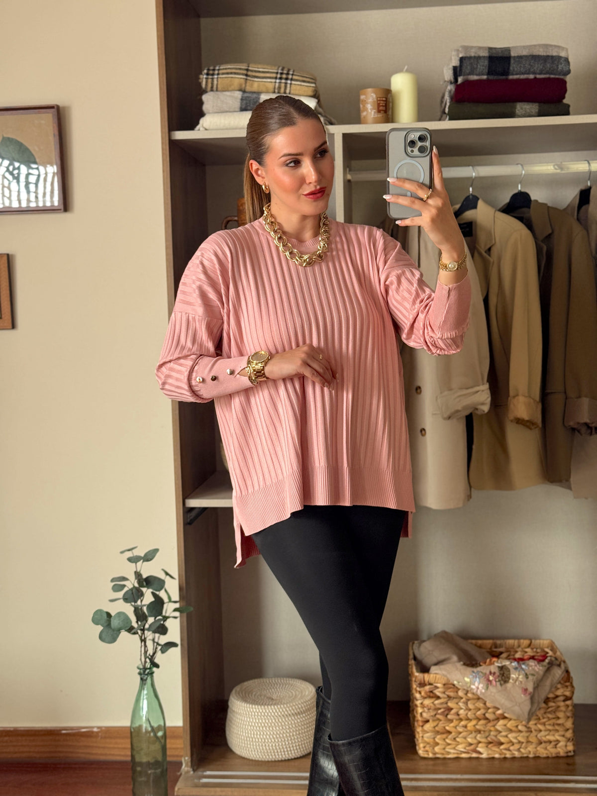 Oversize kesim düğmeli bol kazak Pembe