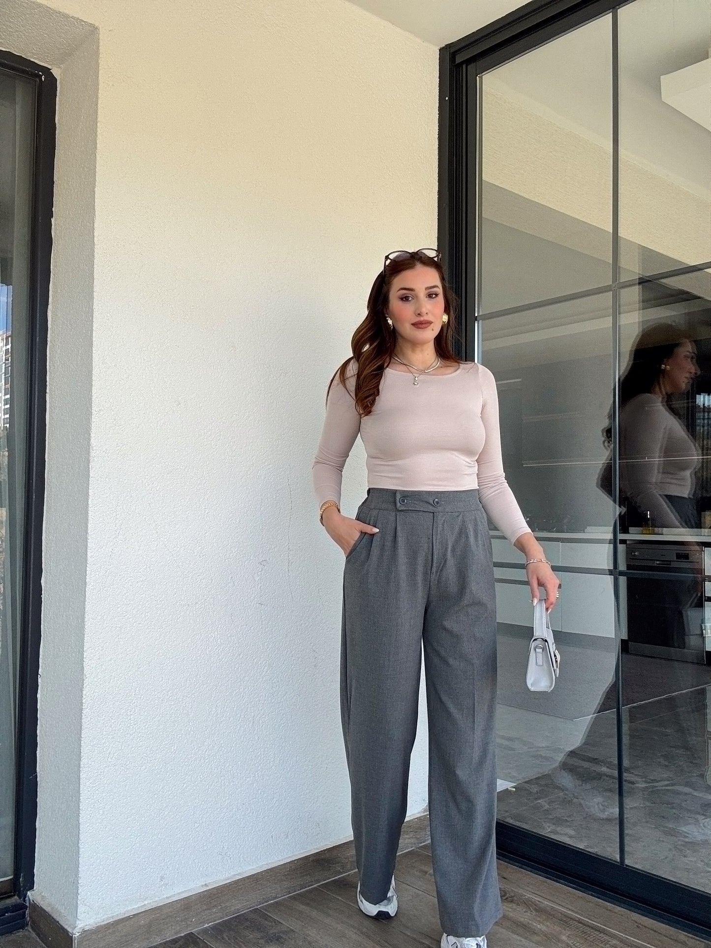 Çift düğme palazzo pantolon-GRİ