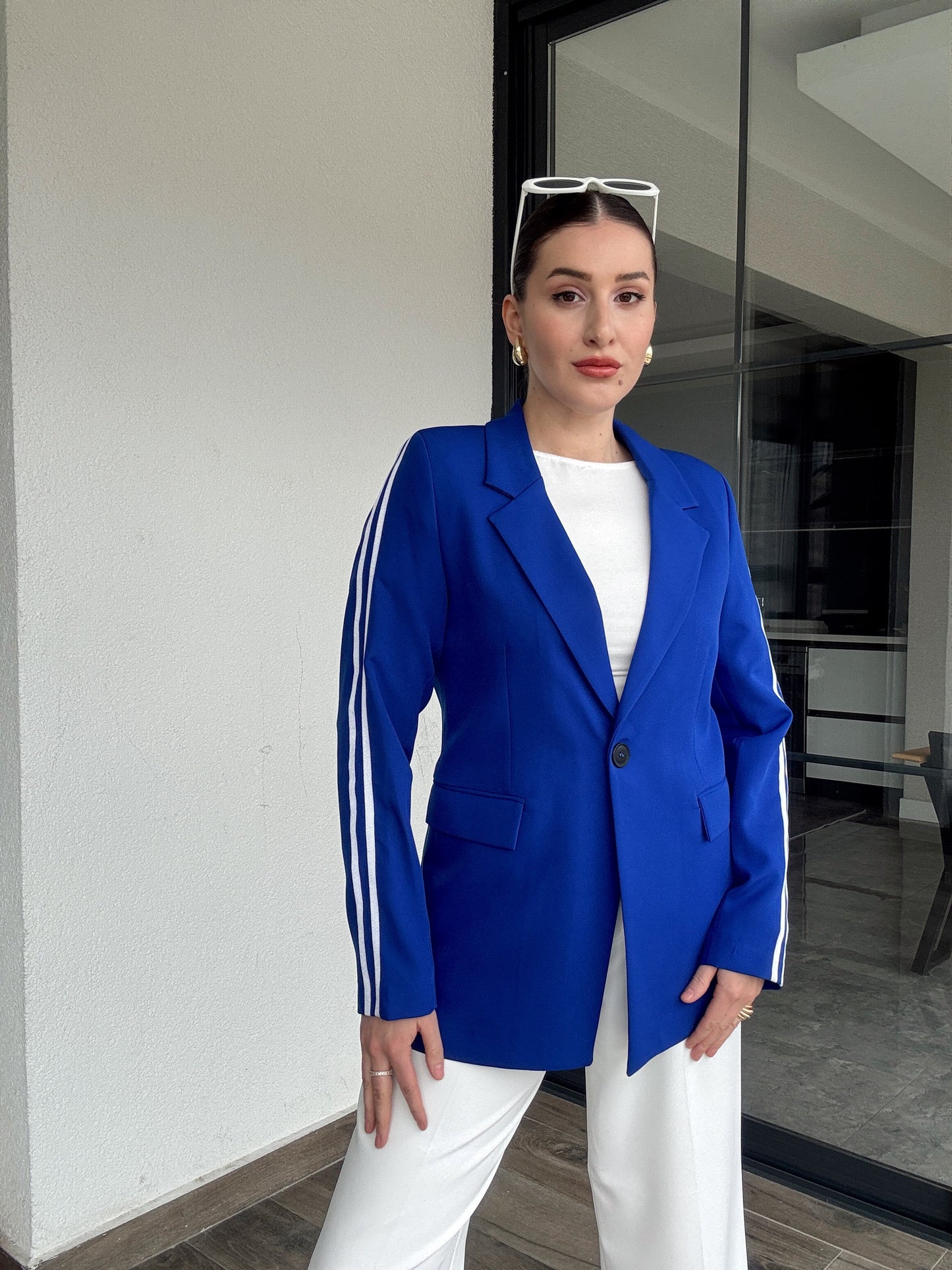 Kolu Şerit Detaylı Ceket - SAKS MAVİ