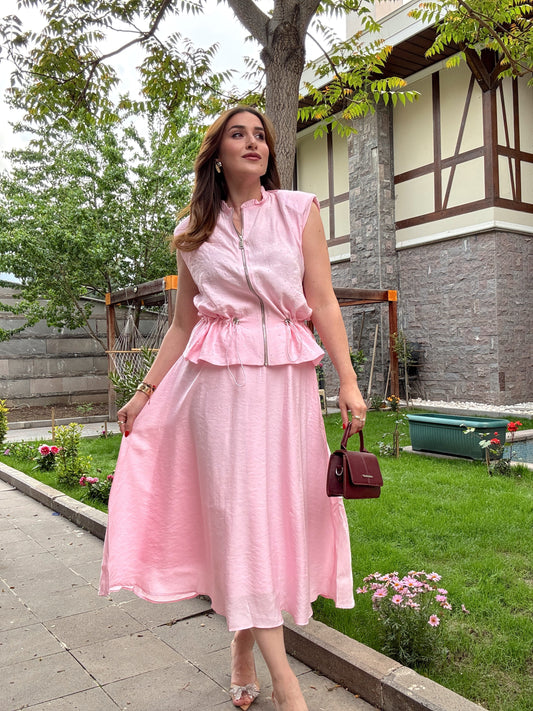 Bağcıklı Taş Detaylı Takım Pembe