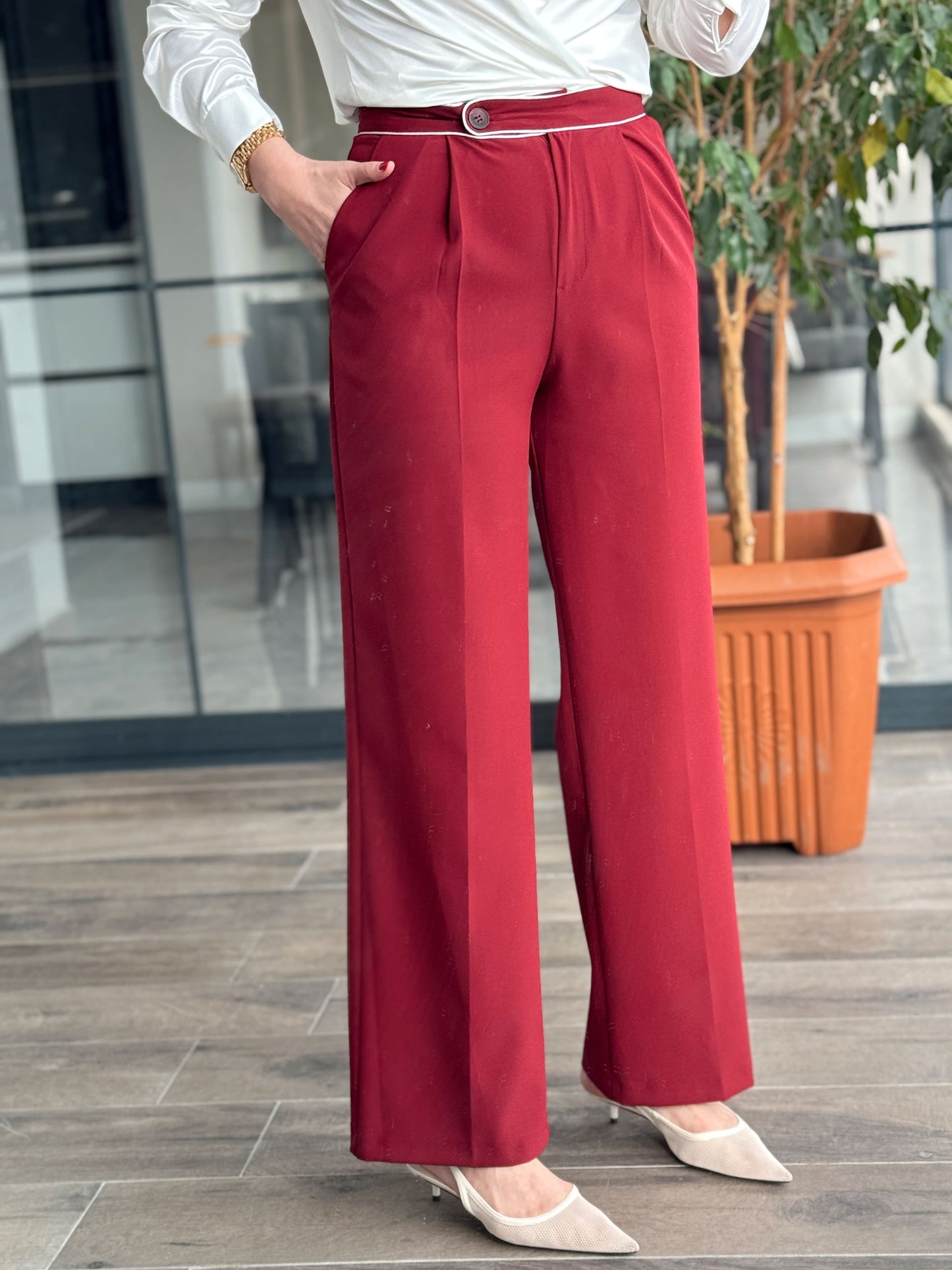 Kemeri Biyeli Pantolon - BORDO