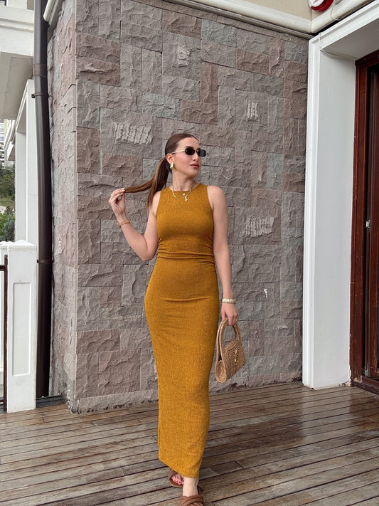 Krinkıl yan lastik büzgülü kolsuz elbise HARDAL