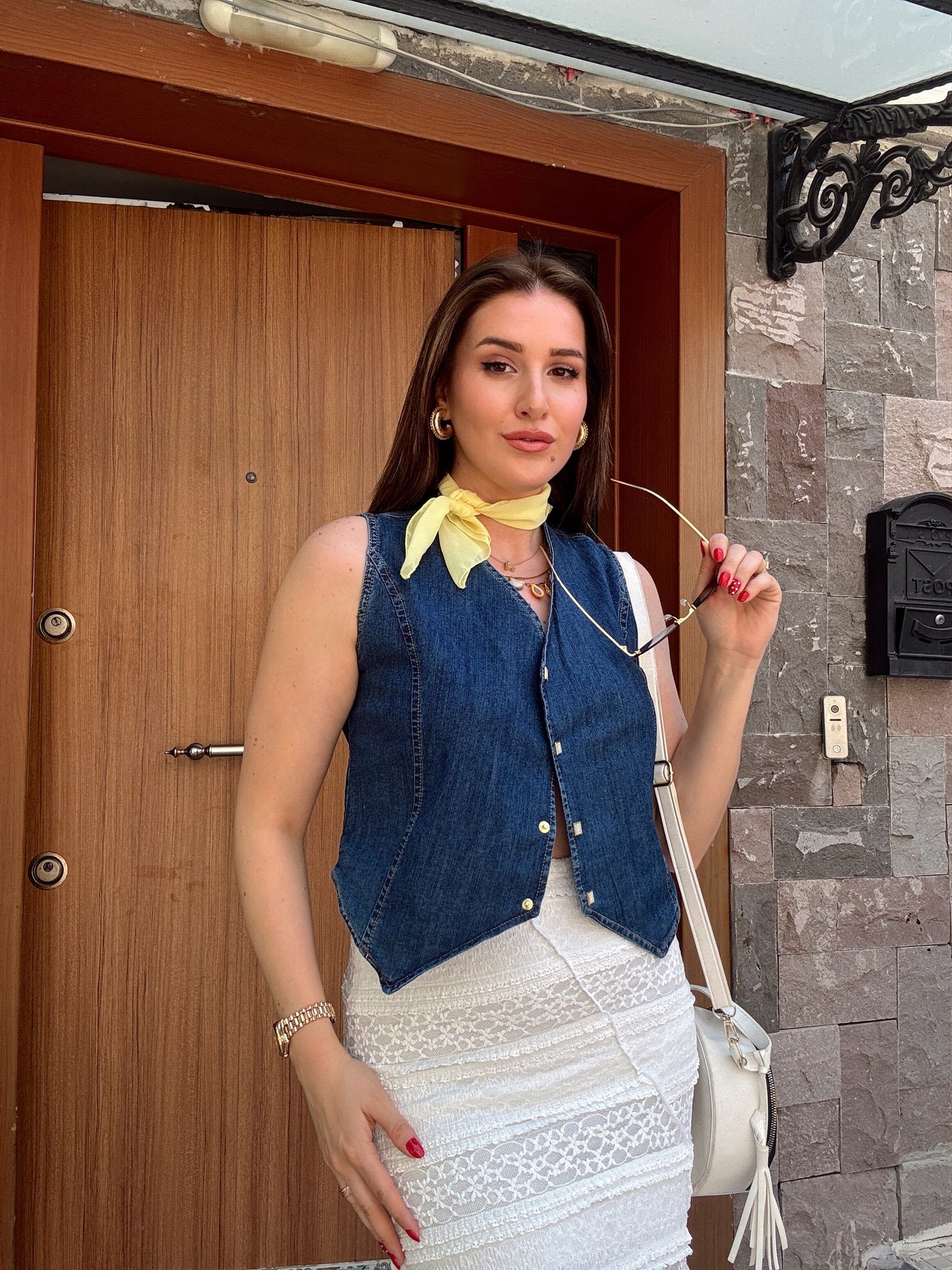 Düğme detaylı stone kot yelek-KOYU MAVİ