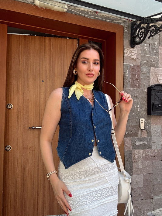 Düğme detaylı stone kot yelek-KOYU MAVİ