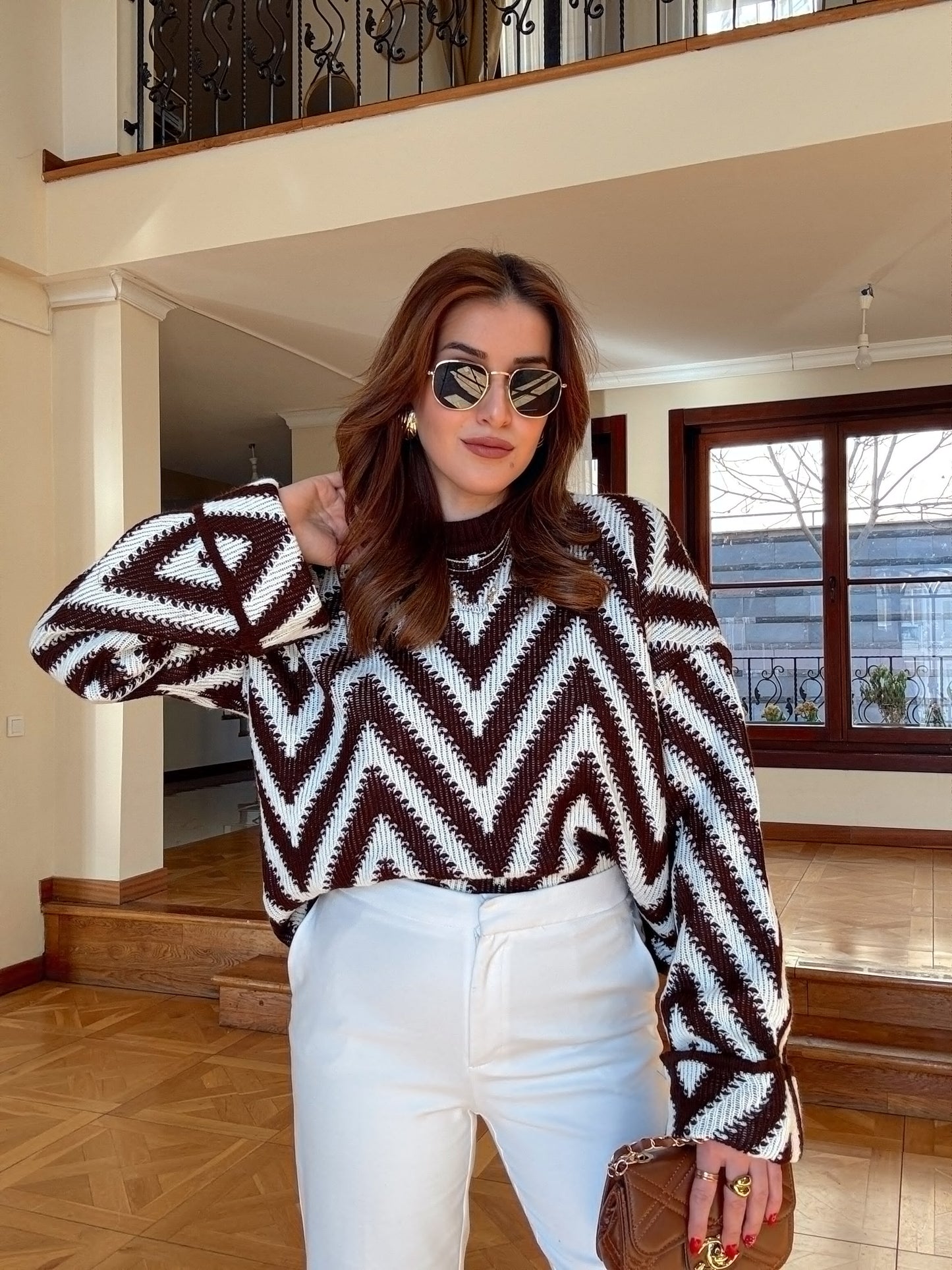 Zikzak desen oversize kazak-KAHVERENGİ