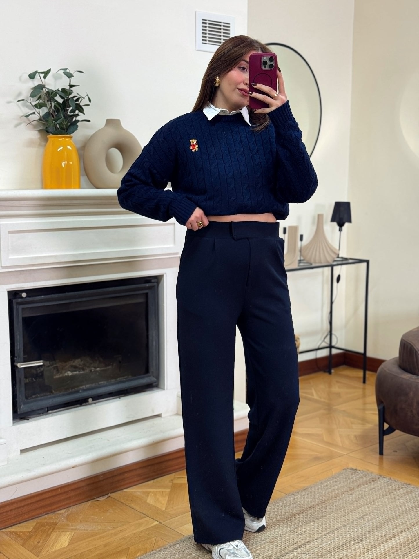 Saç örgü küçük ayıcık işlemeli kazak-LACİVERT