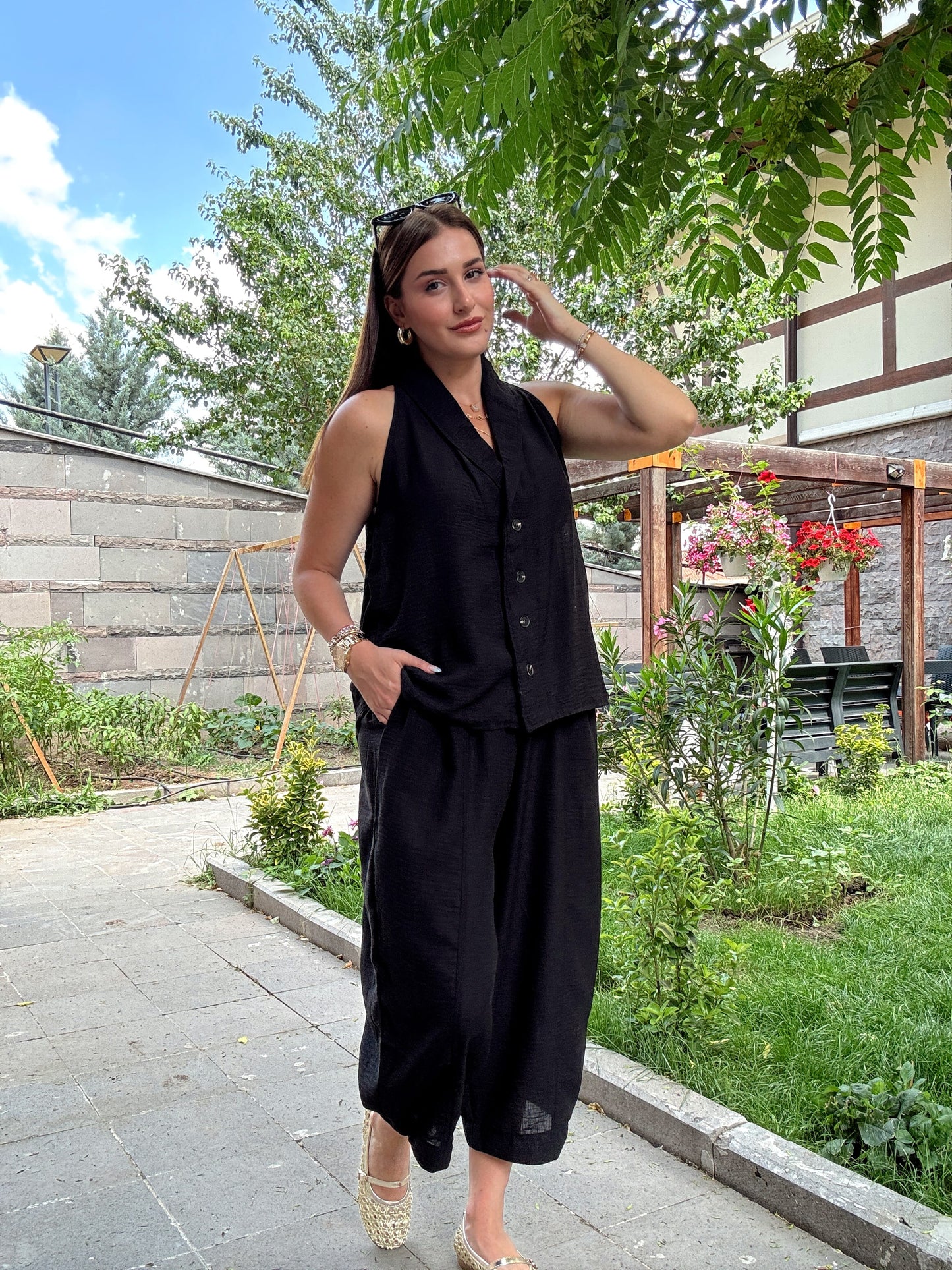 Keten düğmeli sıfır kol takım SİYAH
