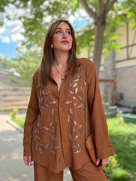Pul İşlemeli Pantolonlu Takım Kahve