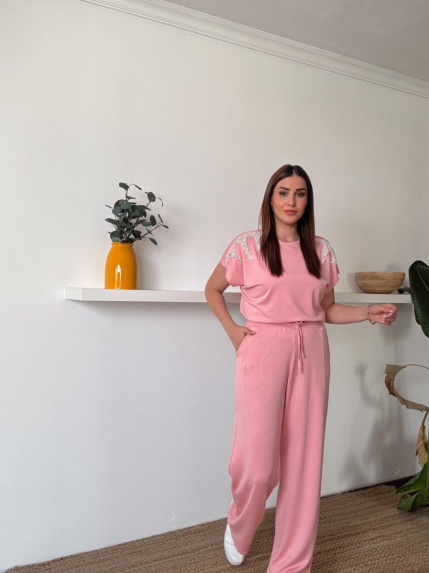 İnci İşlemeli Modal Takım Pembe