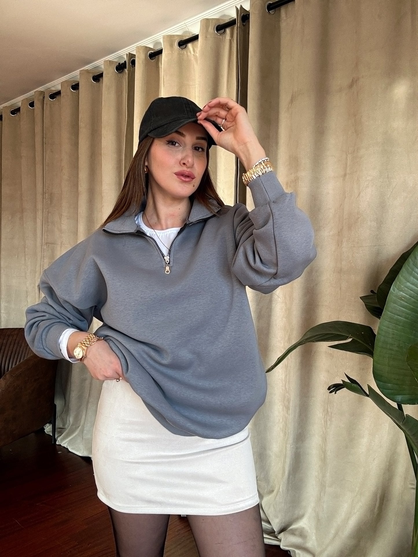 3 İplik Şardonlu Yarım Fermuarlı Sweatshirt - GRİ