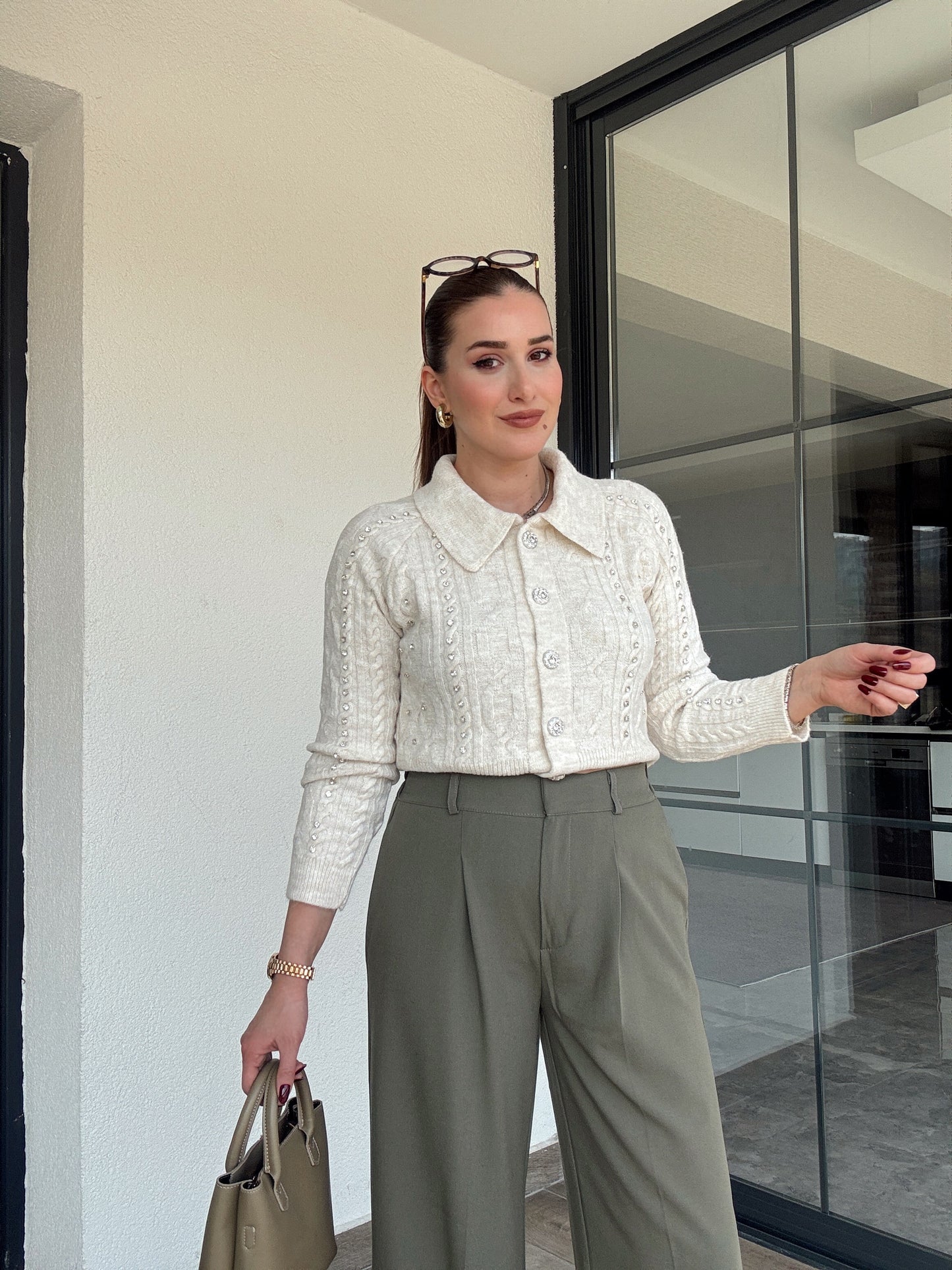 Örgü taşlı ceket-LATTE