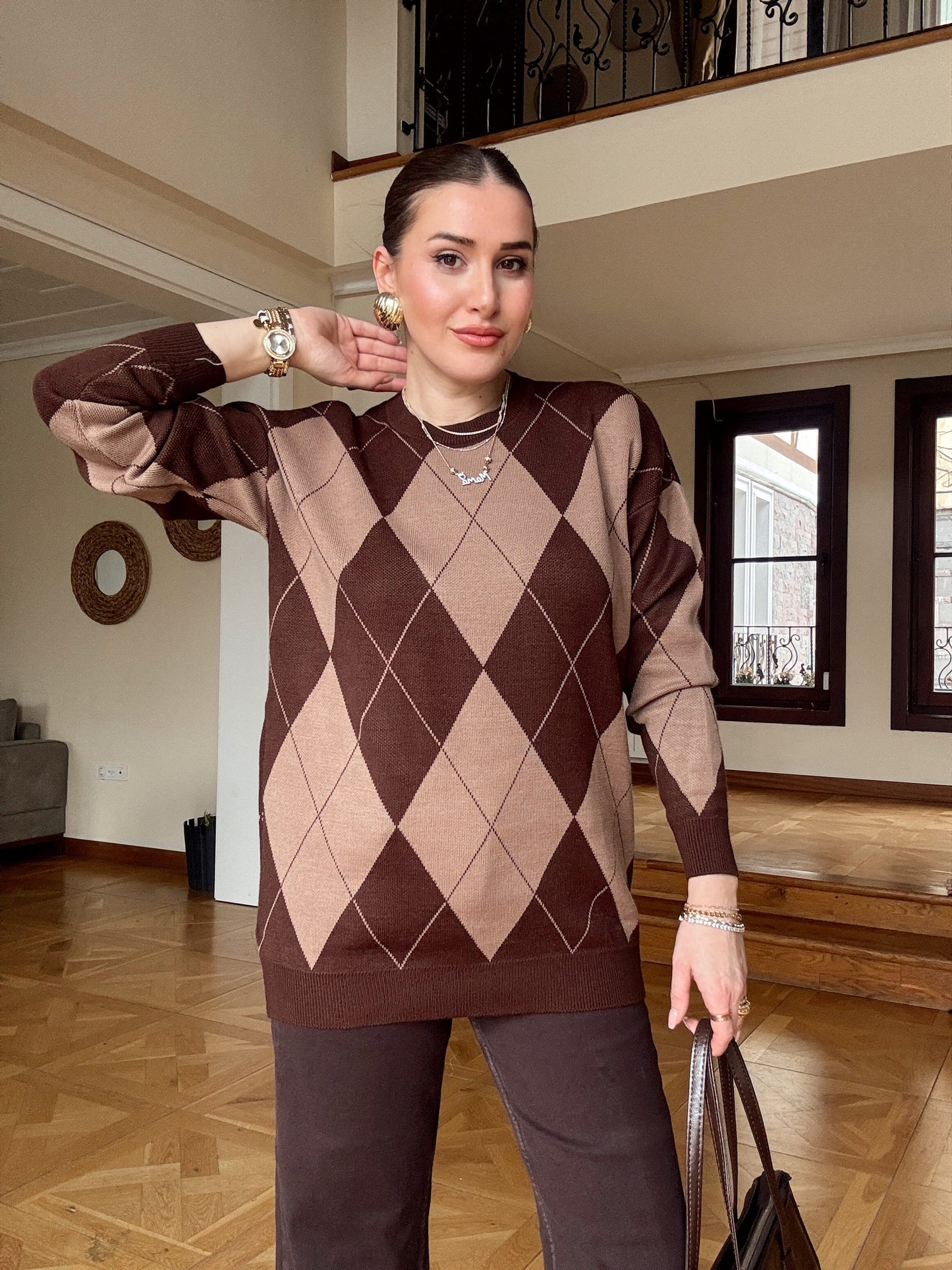 Pike Örgü Baklava Desenli Kazak Kahve