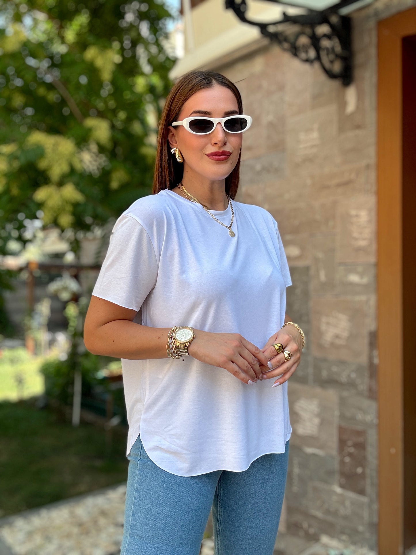 Tensel kumaş yırtmaçlı oversize tişört Beyaz