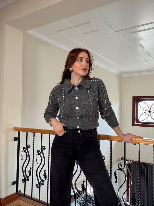 Örgü taşlı ceket-FÜME