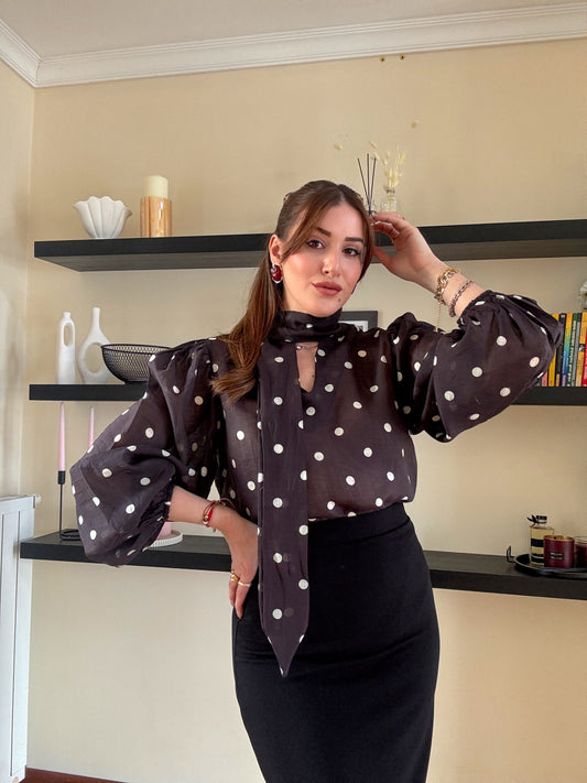 Puantiye desenli viskon gömlek Siyah