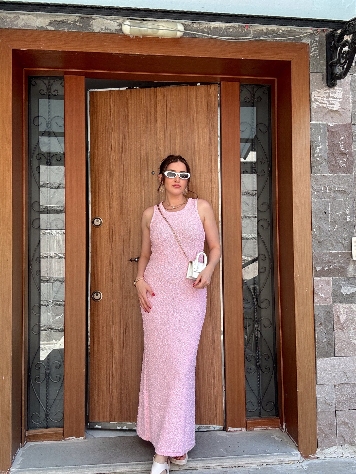 Kırçıllı bisiklet yaka elbise -PEMBE