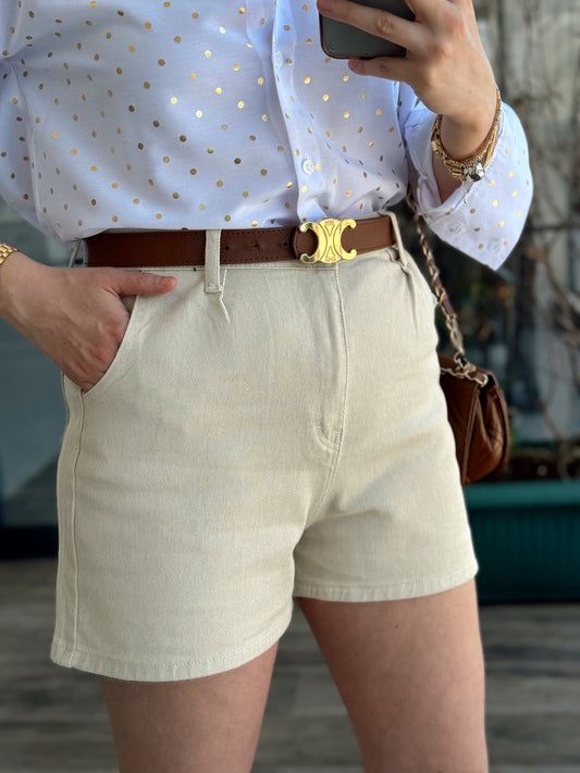 Likralı Pliseli Kot Şort - BEJ