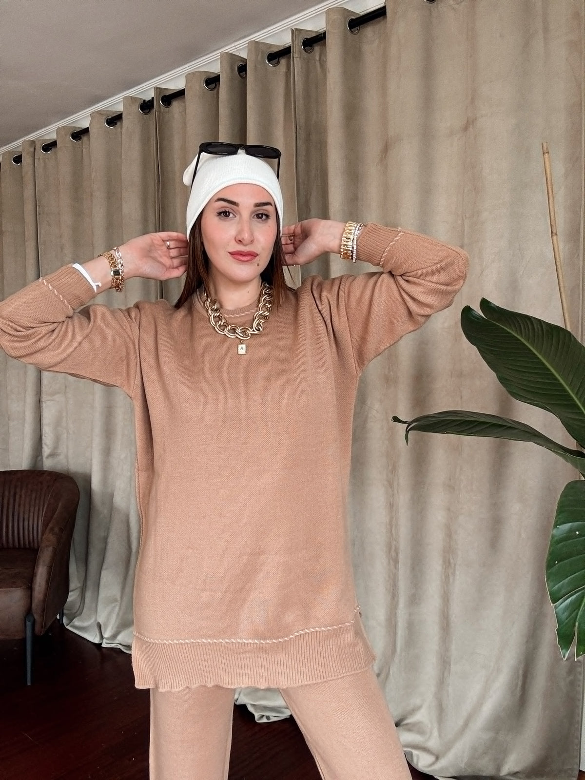 Kol ve Pantolon Desenli Triko Takım CAMEL