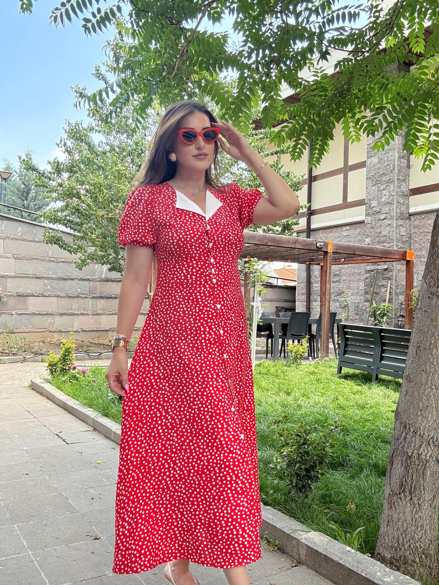 Puantiye desenli elbise Kırmızı