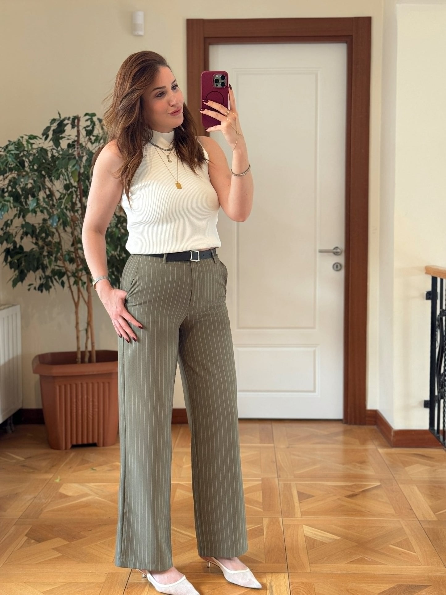 Çizgili kemerli pantolon-HAKİ