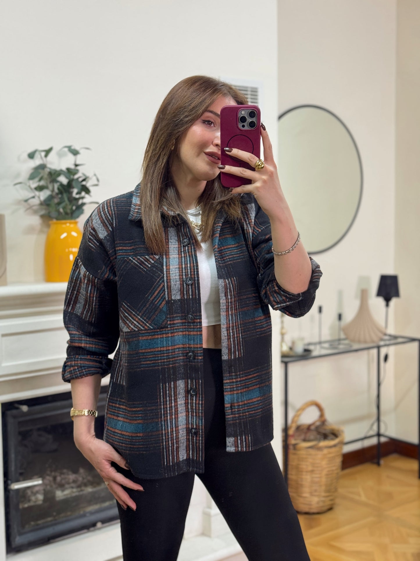 Ekose desen tek cepli gömlek TURUNCU