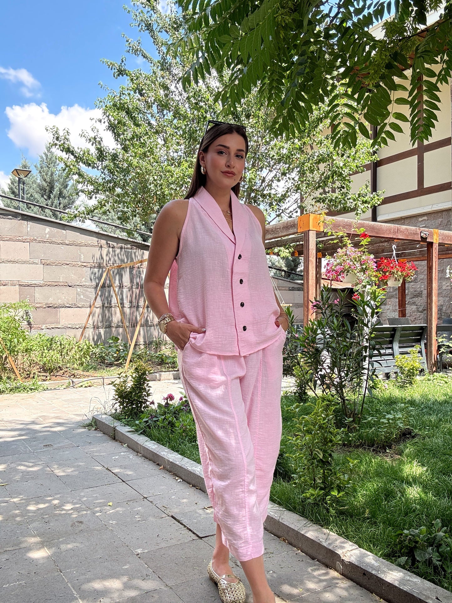 Keten düğmeli sıfır kol takım PEMBE
