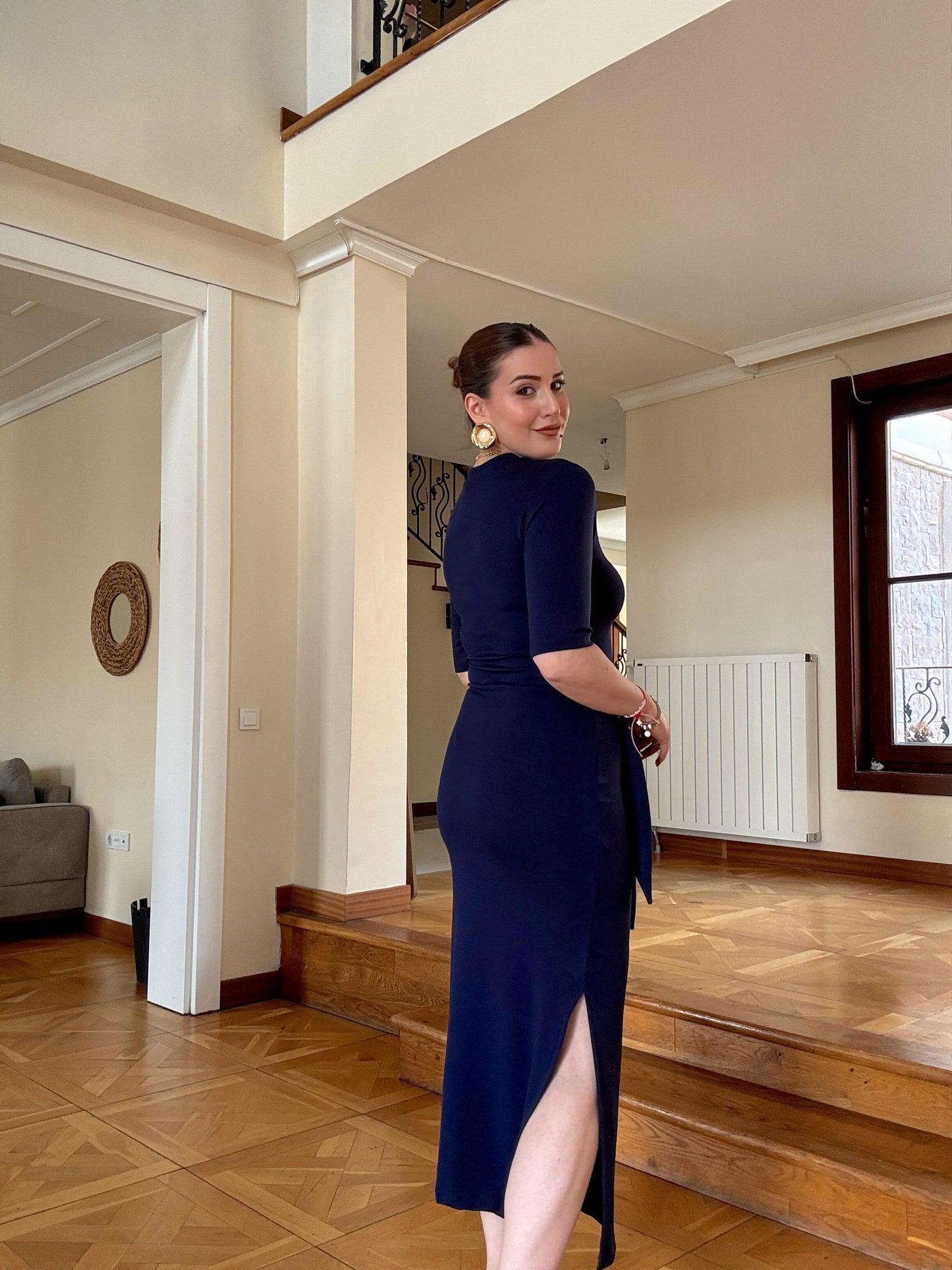 Önü toka detaylı modal elbise LACİVERT