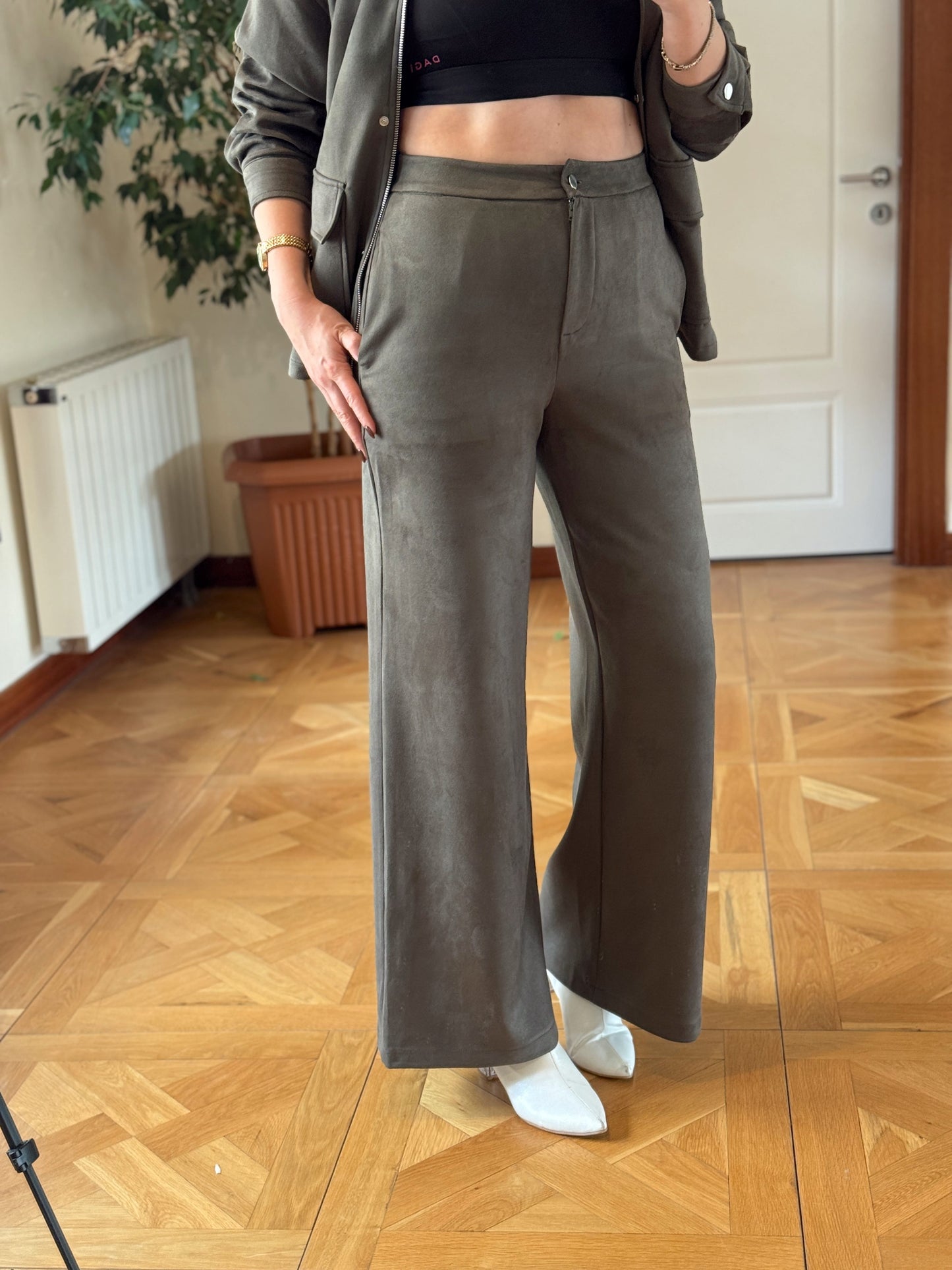 LEOPAR yaka süet ikili takım HAKİ