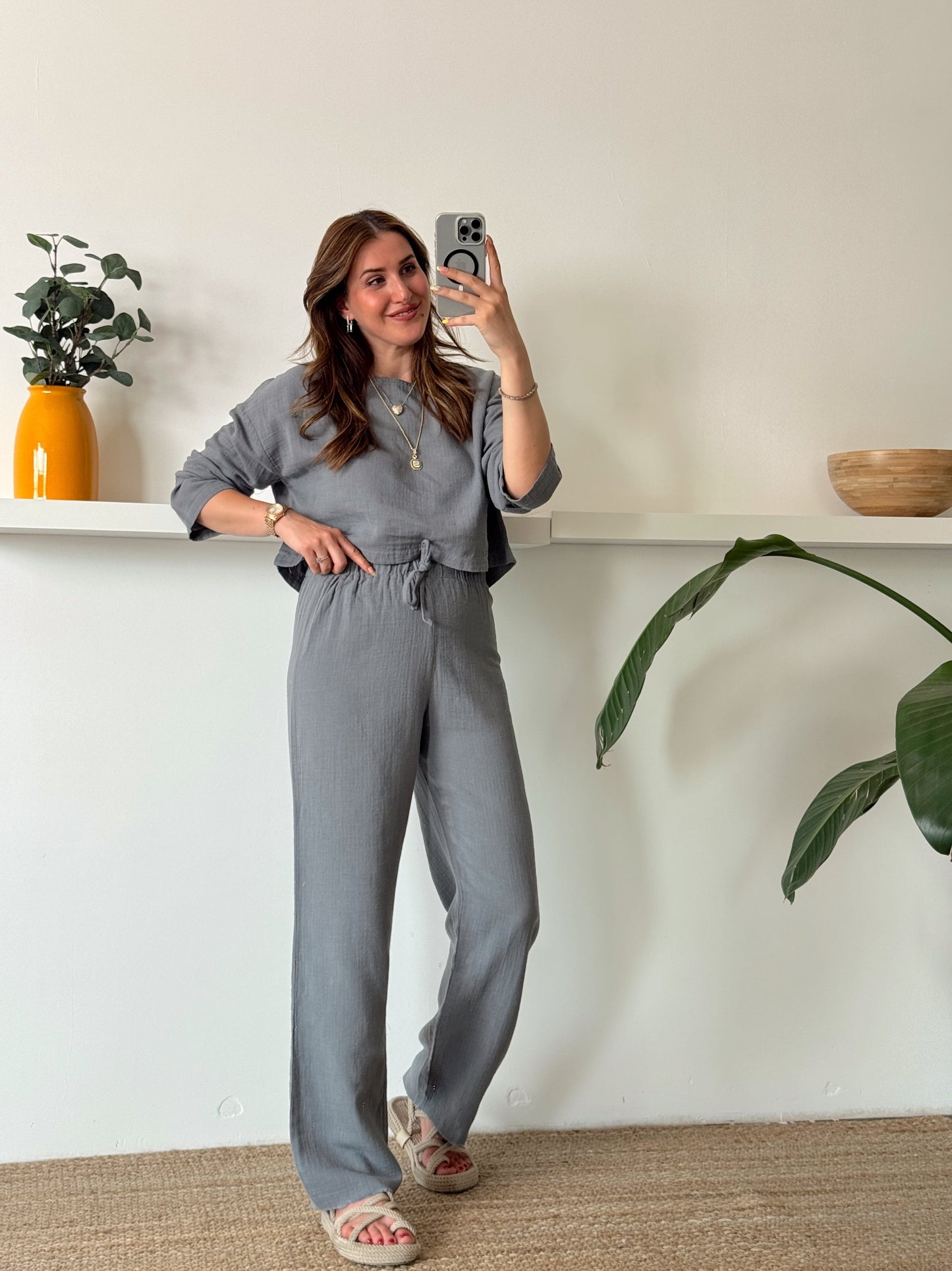 Keten uzun kol crop pantolon ikili takım GRİ
