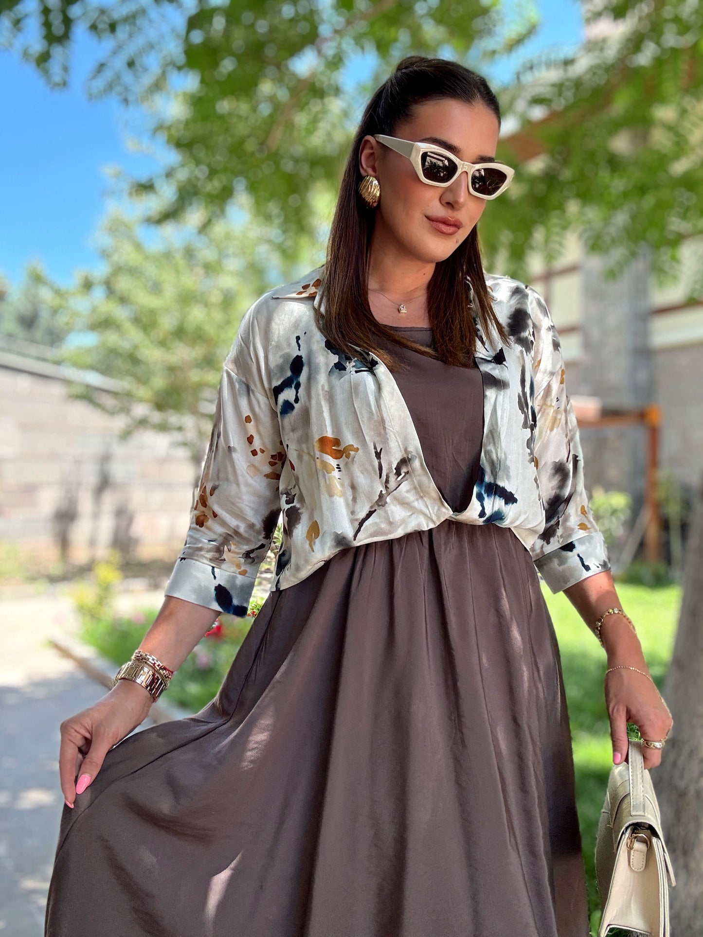 Batik desen gömlekli elbise Kahve