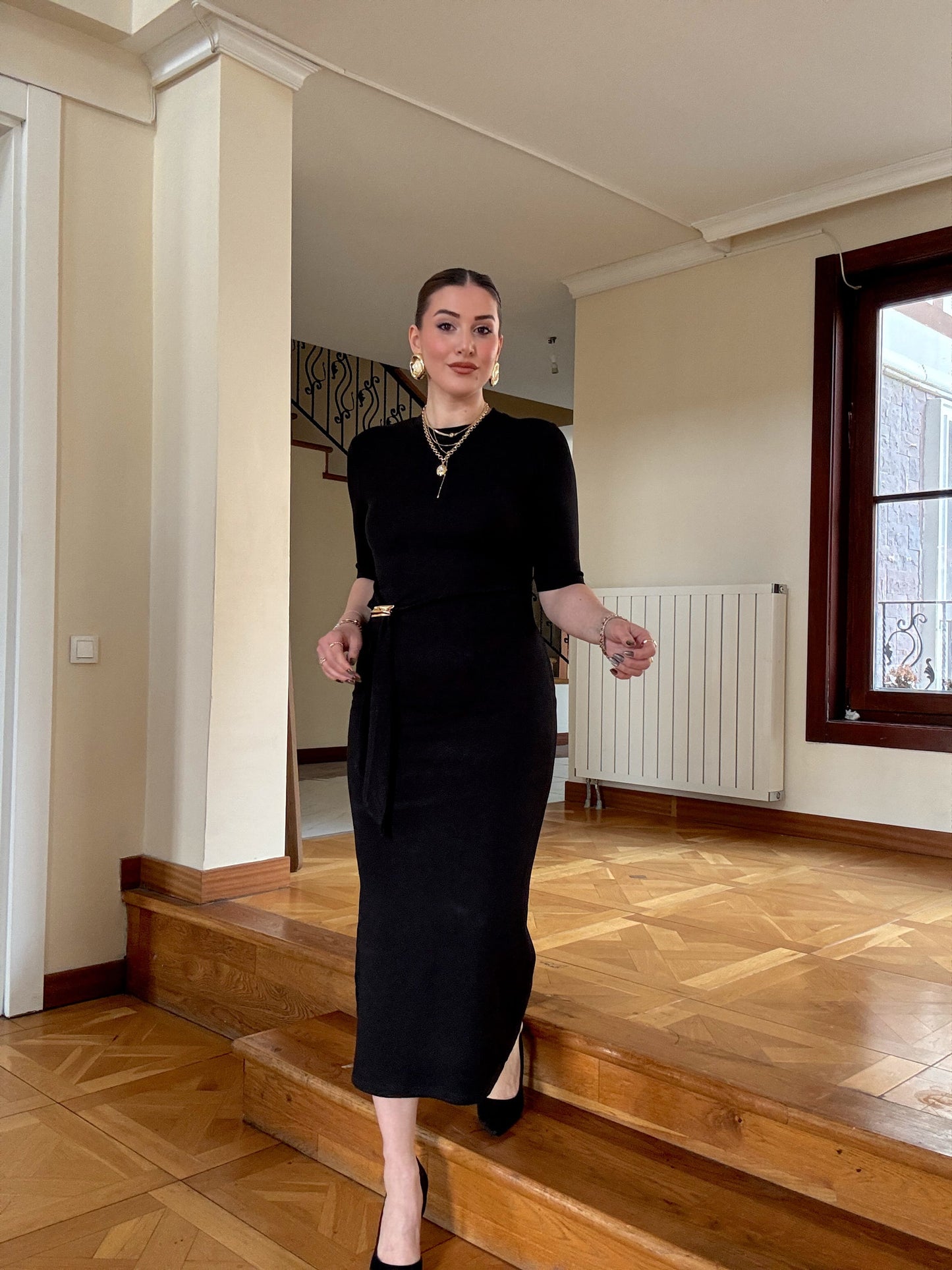 Önü toka detaylı modal elbise SİYAH