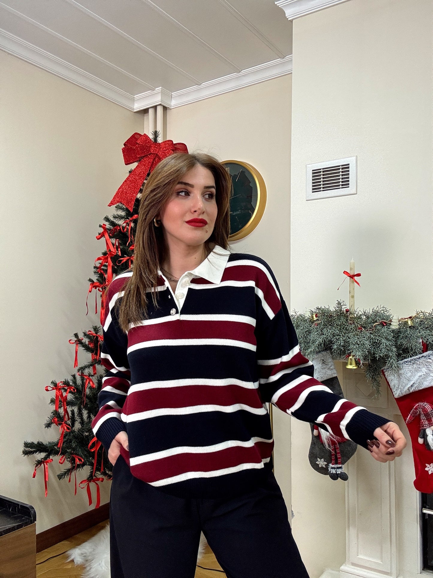 Düğmeli polo yaka triko kazak BORDO-LACİVERT