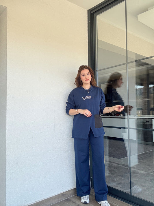 Cep detaylı nakışlı takım-LACİVERT