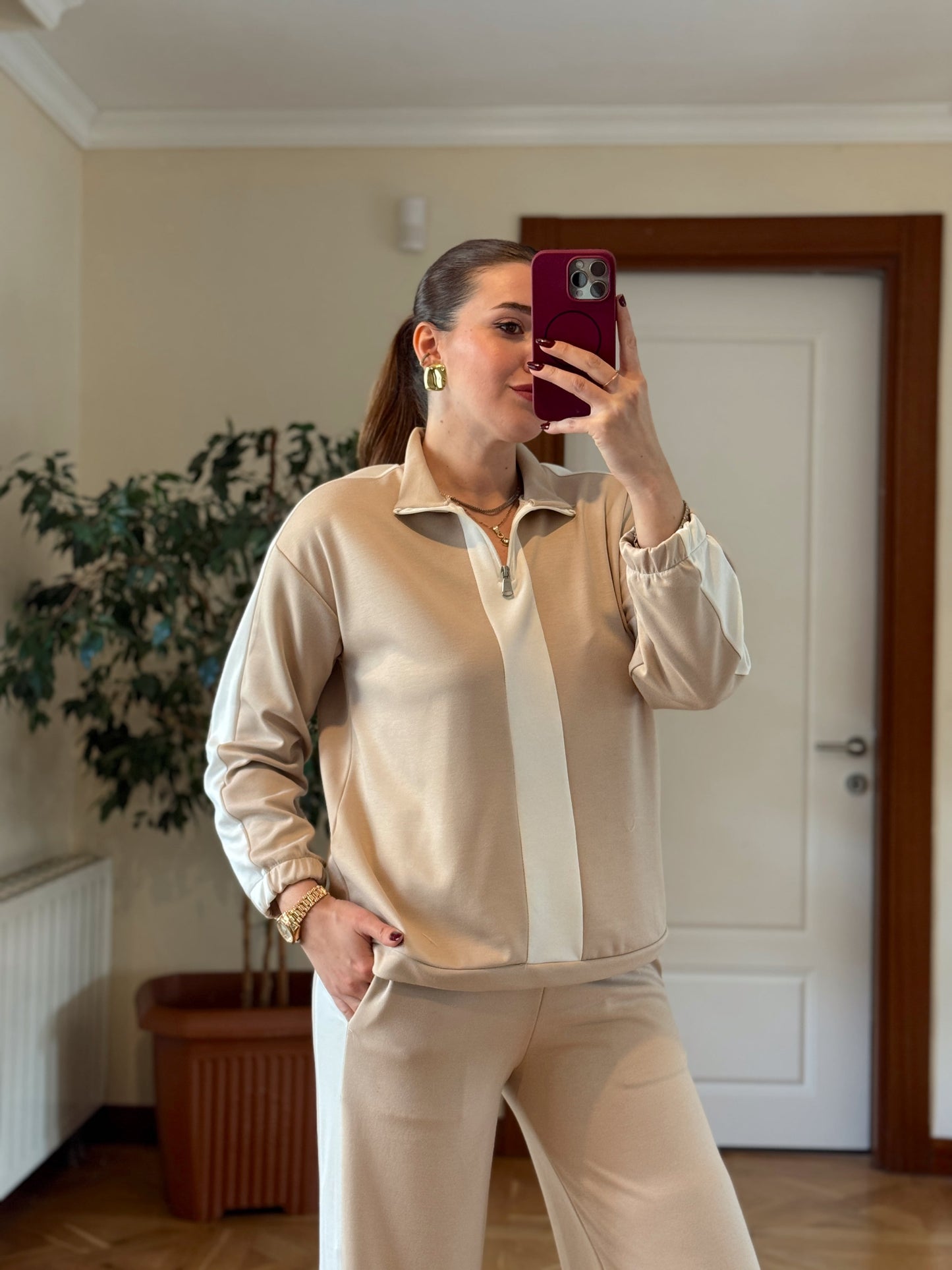 Yarım Fermuarlı Modal Takım Bej